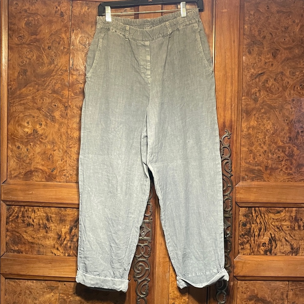 Grizas 100% linen gray pull on pants lagenlook